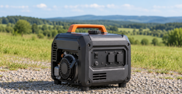 An unbranded portable generator standing unplugged on level gravel in an open field