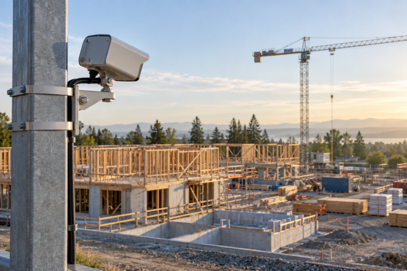 A plain outdoor camera housing secured to a steel post overlooking unfinished timber framing and a distant crane.