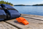 An unbranded orange safety whistle beside a navy life jacket on a wooden dock by a lake