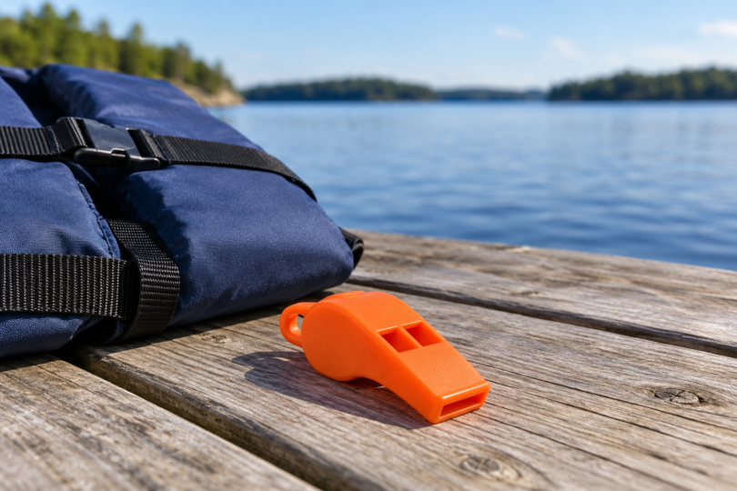 An unbranded orange safety whistle beside a navy life jacket on a wooden dock by a lake