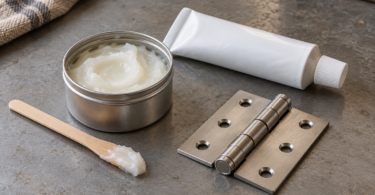 White grease in an open tin beside an unbranded tube, metal hinge and wooden applicator on a workbench.
