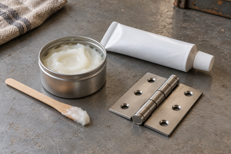 White grease in an open tin beside an unbranded tube, metal hinge and wooden applicator on a workbench.
