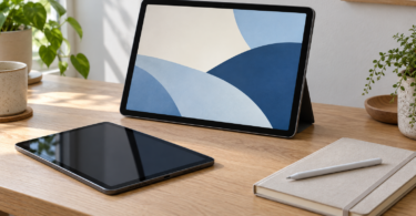 Two generic tablets on a wooden desk beside a white stylus resting on a closed notebook