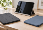 Charcoal folding tablet cover, blue protective shell and a tablet propped in a gray folio on a light wooden desk