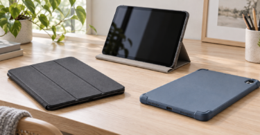 Charcoal folding tablet cover, blue protective shell and a tablet propped in a gray folio on a light wooden desk