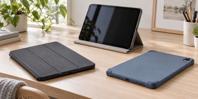 Charcoal folding tablet cover, blue protective shell and a tablet propped in a gray folio on a light wooden desk
