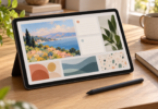 Unbranded tablet displaying a landscape illustration and blank note cards on a wooden desk beside a stylus and notebook