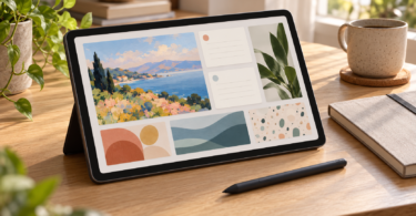 Unbranded tablet displaying a landscape illustration and blank note cards on a wooden desk beside a stylus and notebook