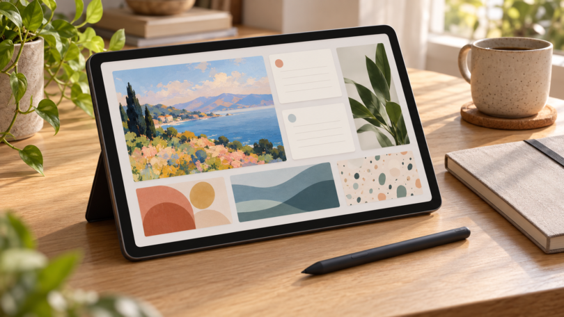 Unbranded tablet displaying a landscape illustration and blank note cards on a wooden desk beside a stylus and notebook