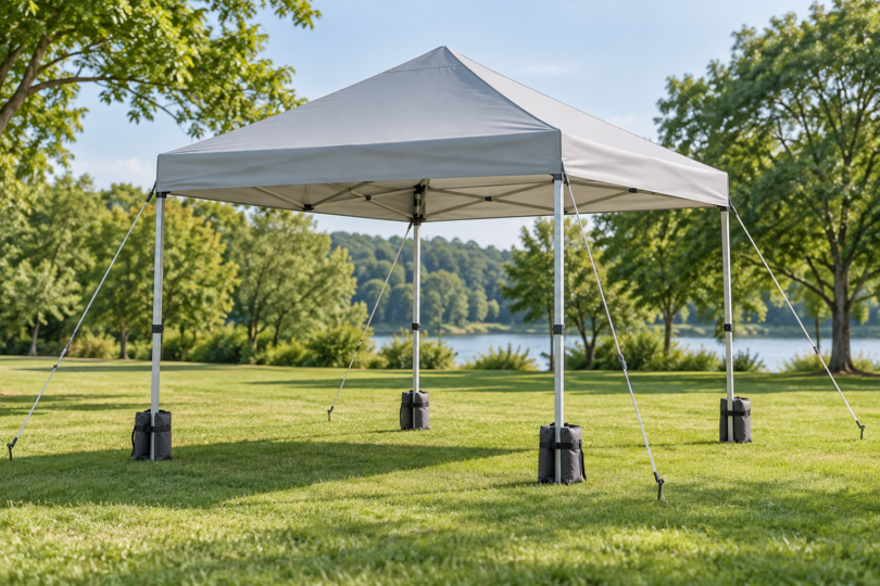 Unbranded light gray folding canopy on a lawn with guy ropes, ground stakes and weight bags at its four legs