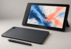 Unbranded screenless drawing pad and stylus in front of a generic pen display showing abstract blue and coral artwork