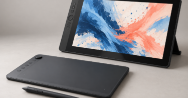 Unbranded screenless drawing pad and stylus in front of a generic pen display showing abstract blue and coral artwork