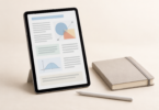Unbranded tablet showing an abstract textbook page beside a blank notebook and stylus