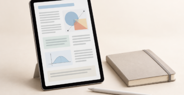 Unbranded tablet showing an abstract textbook page beside a blank notebook and stylus