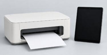 Unbranded white desktop printer with a blank sheet beside a black tablet on a pale gray background