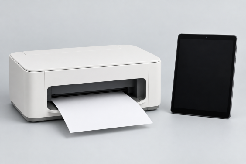 Unbranded white desktop printer with a blank sheet beside a black tablet on a pale gray background