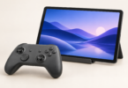 Generic tablet displaying a blue abstract landscape on a stand beside an unbranded game controller
