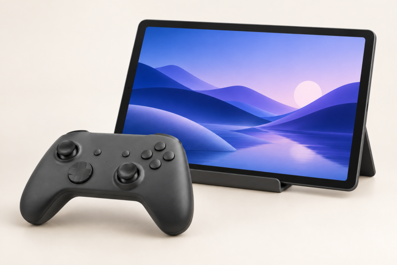Generic tablet displaying a blue abstract landscape on a stand beside an unbranded game controller