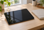 Generic black tablet with a blank reflective screen on a wooden desk beside a closed notebook