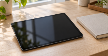 Generic black tablet with a blank reflective screen on a wooden desk beside a closed notebook