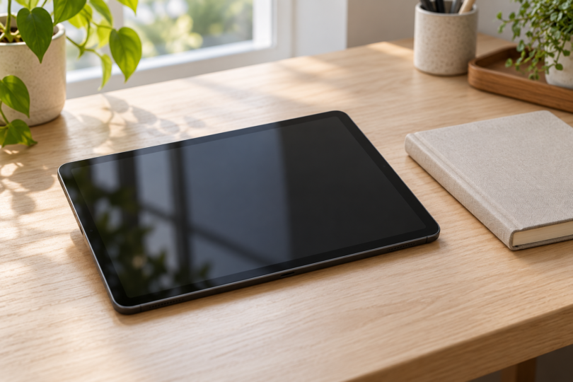 Generic black tablet with a blank reflective screen on a wooden desk beside a closed notebook