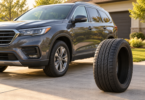 Generic gray SUV parked on a driveway beside an upright highway tire without a wheel