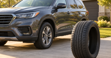 Generic gray SUV parked on a driveway beside an upright highway tire without a wheel