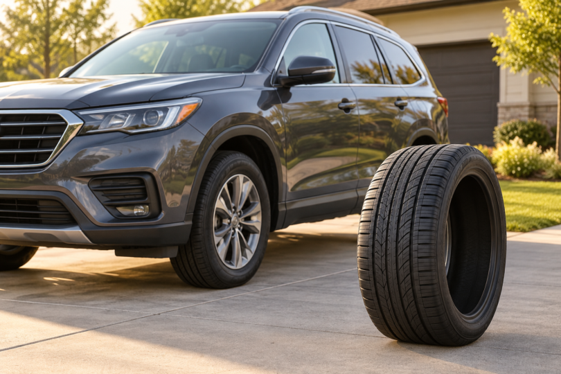 Generic gray SUV parked on a driveway beside an upright highway tire without a wheel