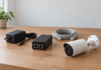 Generic security camera beside an unconnected PoE injector, DC power adapter and coiled Ethernet cable on a wooden table