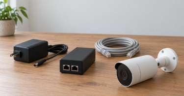 Generic security camera beside an unconnected PoE injector, DC power adapter and coiled Ethernet cable on a wooden table