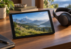 Generic compact tablet showing a mountain landscape beside black headphones on a sunlit wooden desk