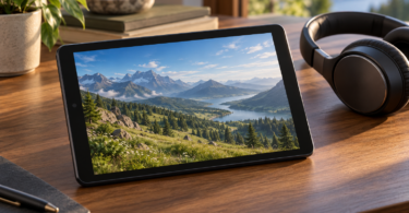 Generic compact tablet showing a mountain landscape beside black headphones on a sunlit wooden desk