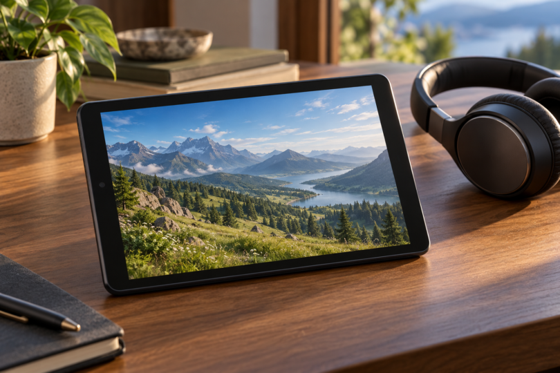 Generic compact tablet showing a mountain landscape beside black headphones on a sunlit wooden desk