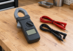 Generic dark clamp meter with a blank display beside disconnected red and black test leads on a wooden workbench