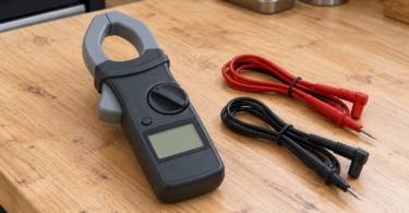 Generic dark clamp meter with a blank display beside disconnected red and black test leads on a wooden workbench