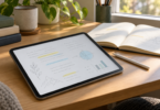 Generic tablet and stylus beside an open notebook with abstract handwritten notes on a sunlit desk