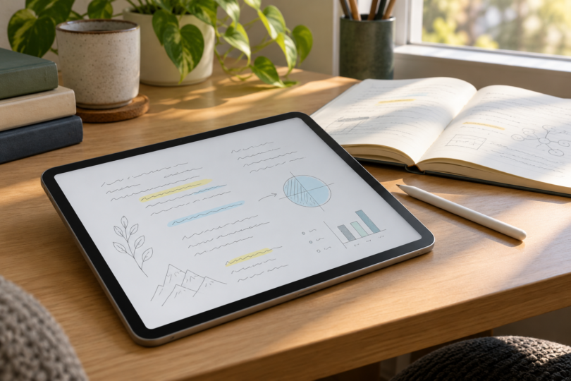 Generic tablet and stylus beside an open notebook with abstract handwritten notes on a sunlit desk