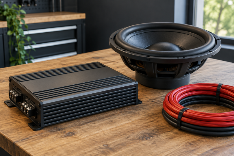 Generic disconnected car amplifier, subwoofer driver and coiled insulated power cable on a workbench