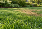 Green lawn with dew in the foreground and an irregular tan patch beside a garden border