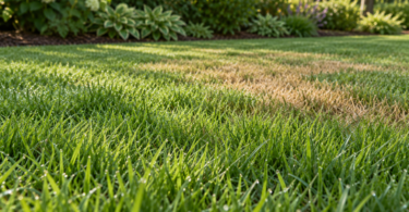 Green lawn with dew in the foreground and an irregular tan patch beside a garden border