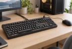 Generic full-size illuminated keyboard with two host cables and a wired mouse connected to its accessory port