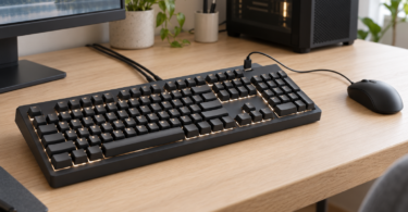 Generic full-size illuminated keyboard with two host cables and a wired mouse connected to its accessory port