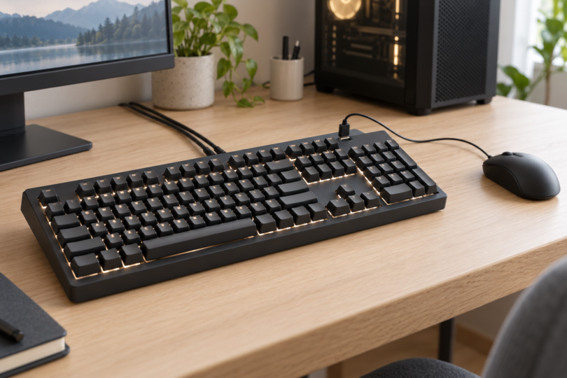 Generic full-size illuminated keyboard with two host cables and a wired mouse connected to its accessory port
