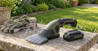 Covered cordless grass shear, detached battery, gloves and safety glasses on a stone bench beside a lawn