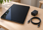 Dark tablet beside a black wall charger and a coiled USB-C cable on a light wooden desk