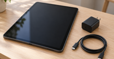 Dark tablet beside a black wall charger and a coiled USB-C cable on a light wooden desk