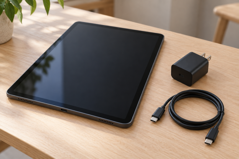 Dark tablet beside a black wall charger and a coiled USB-C cable on a light wooden desk