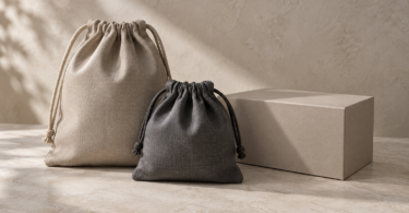 Closed beige and charcoal fabric pouches beside a plain closed storage box