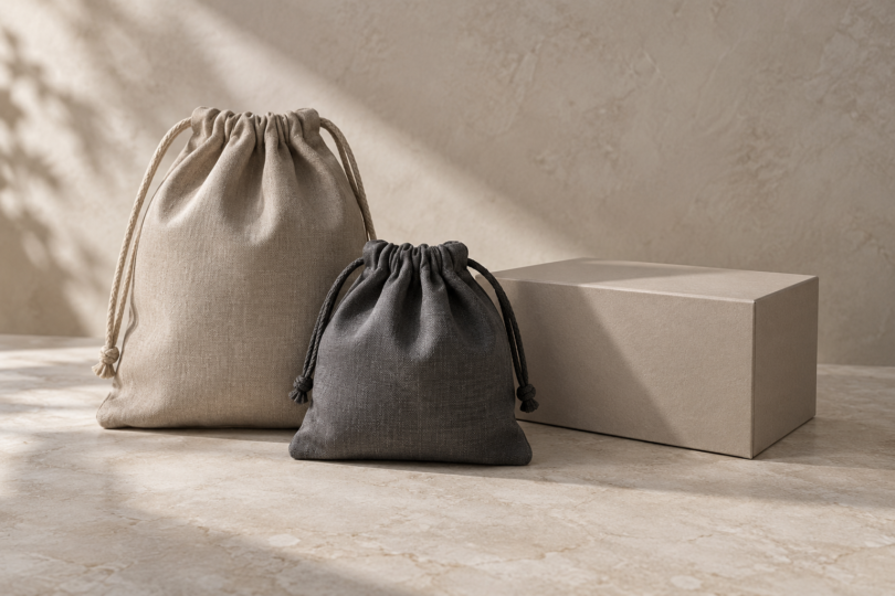 Closed beige and charcoal fabric pouches beside a plain closed storage box