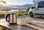 Generic stainless steel kettle and two cups on a picnic table beside a parked camper van